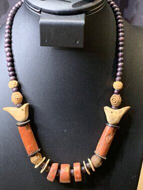 Vintage Handmade Tribal-Inspired Necklace Bird Wood Beads Barrel Closure